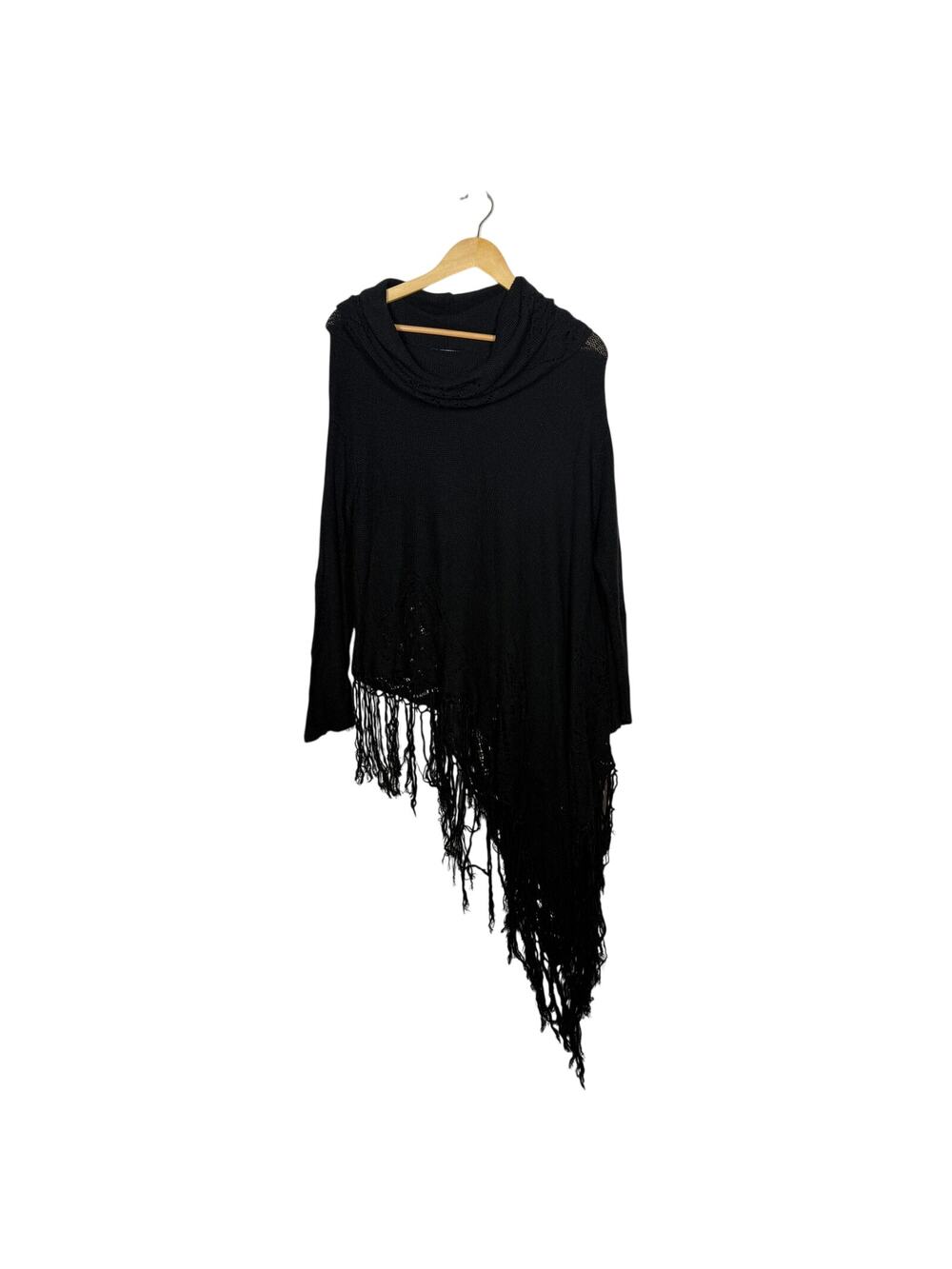 Intrigue Asymmetrical Poncho Sweater Size Large Black Cowl Neck‎ Fringe Boho